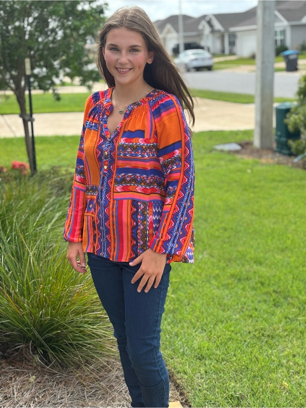 Investments Petites Orange and Blue Patterned With Smocking Blouse Petite Medium